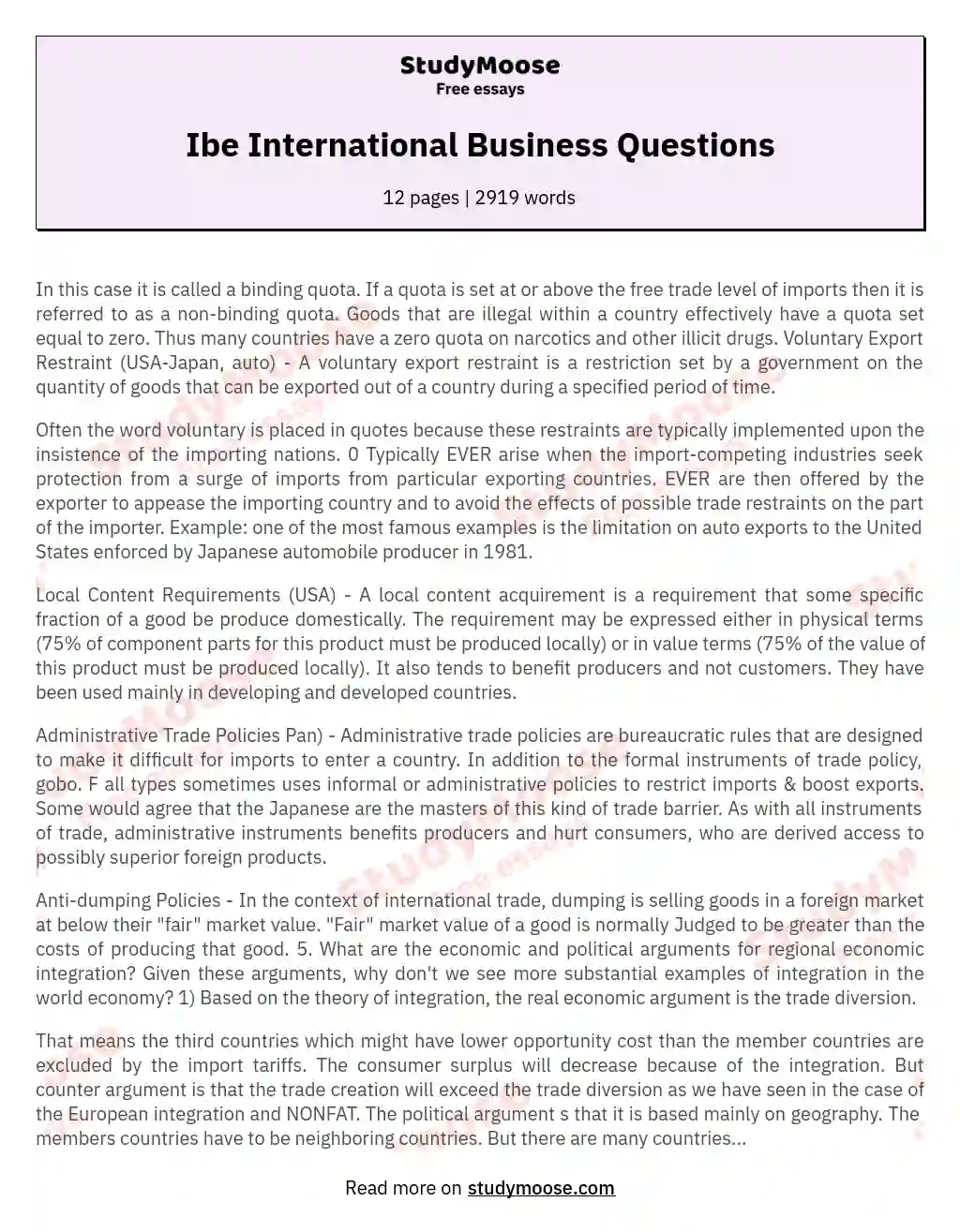Ibe International Business Questions essay