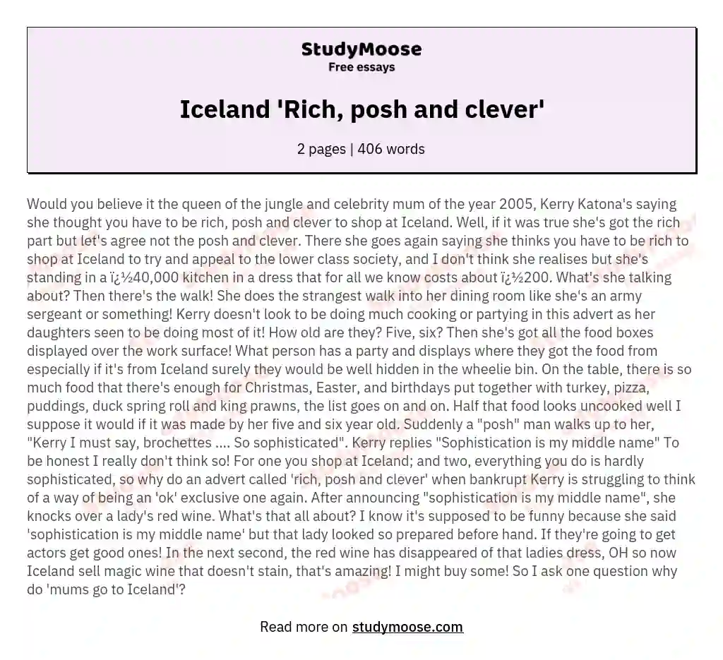 Iceland 'Rich, posh and clever' essay