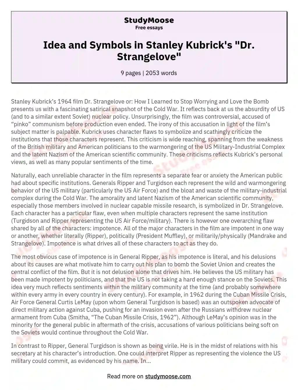 Idea and Symbols in Stanley Kubrick's "Dr. Strangelove"
