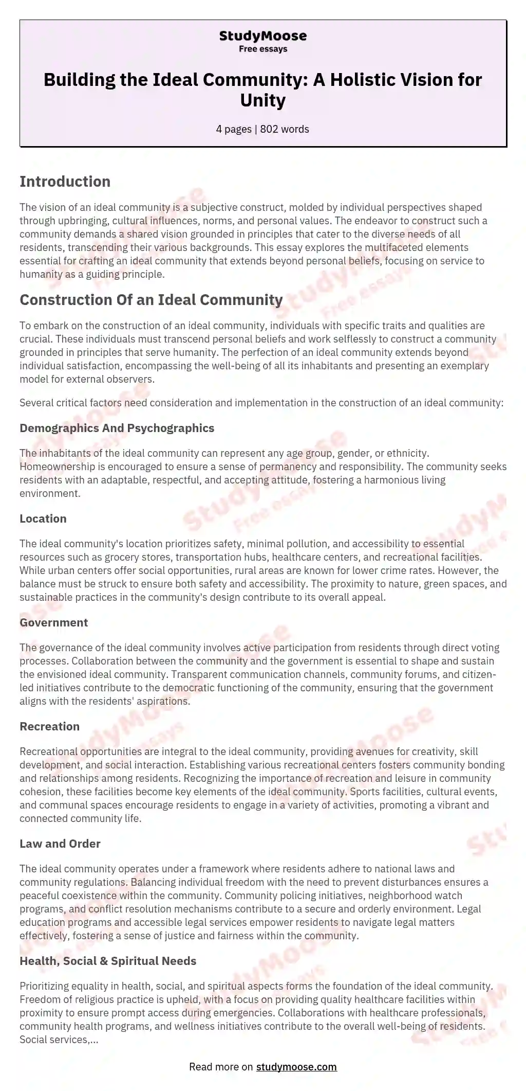 Building the Ideal Community: A Holistic Vision for Unity essay