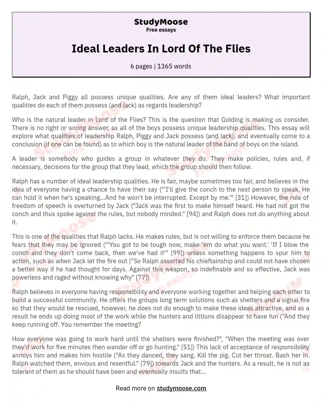 Ideal Leaders In Lord Of The Flies essay