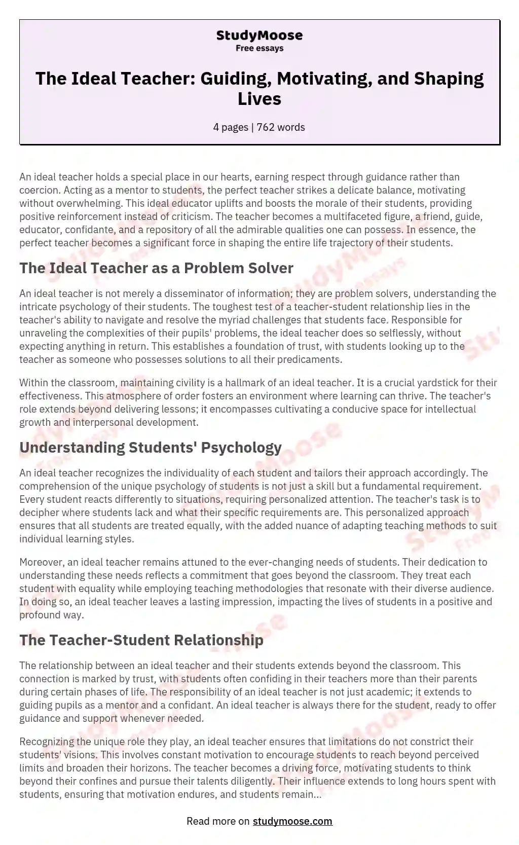The Ideal Teacher: Guiding, Motivating, and Shaping Lives essay