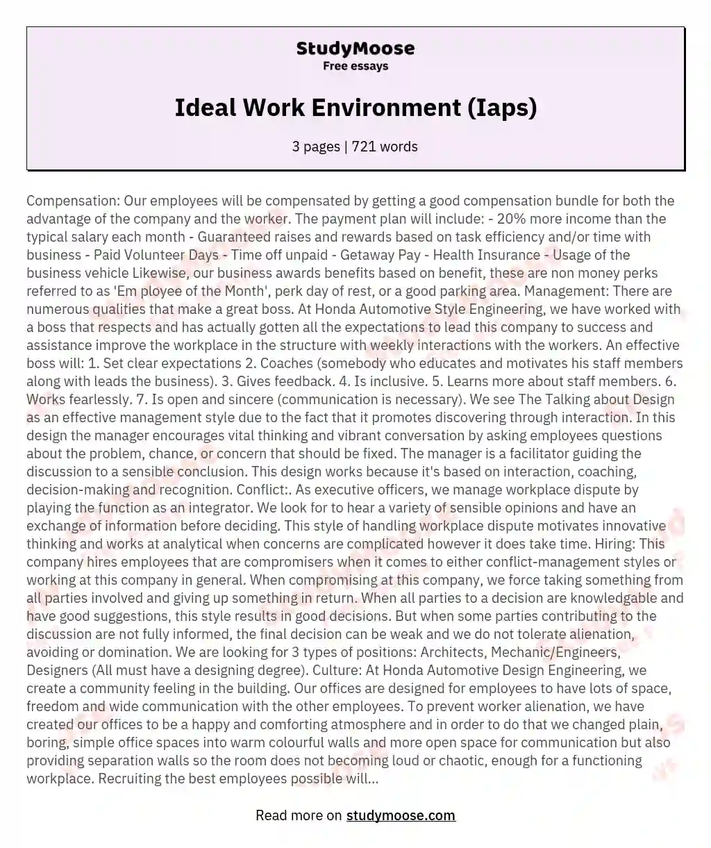Ideal Work Environment (Iaps) essay
