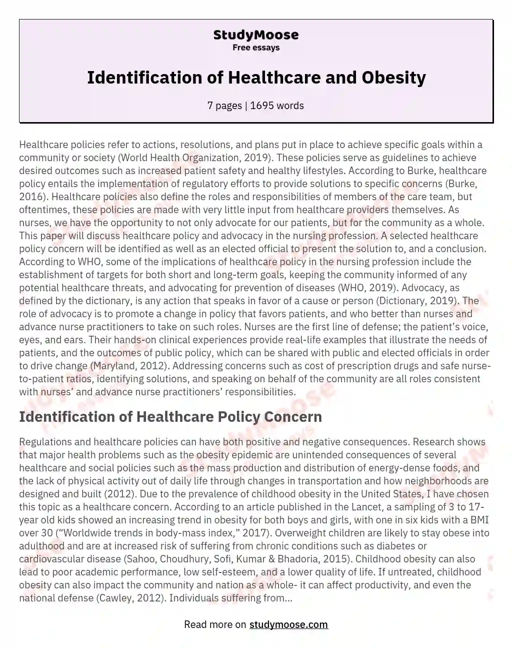 Identification of Healthcare and Obesity essay