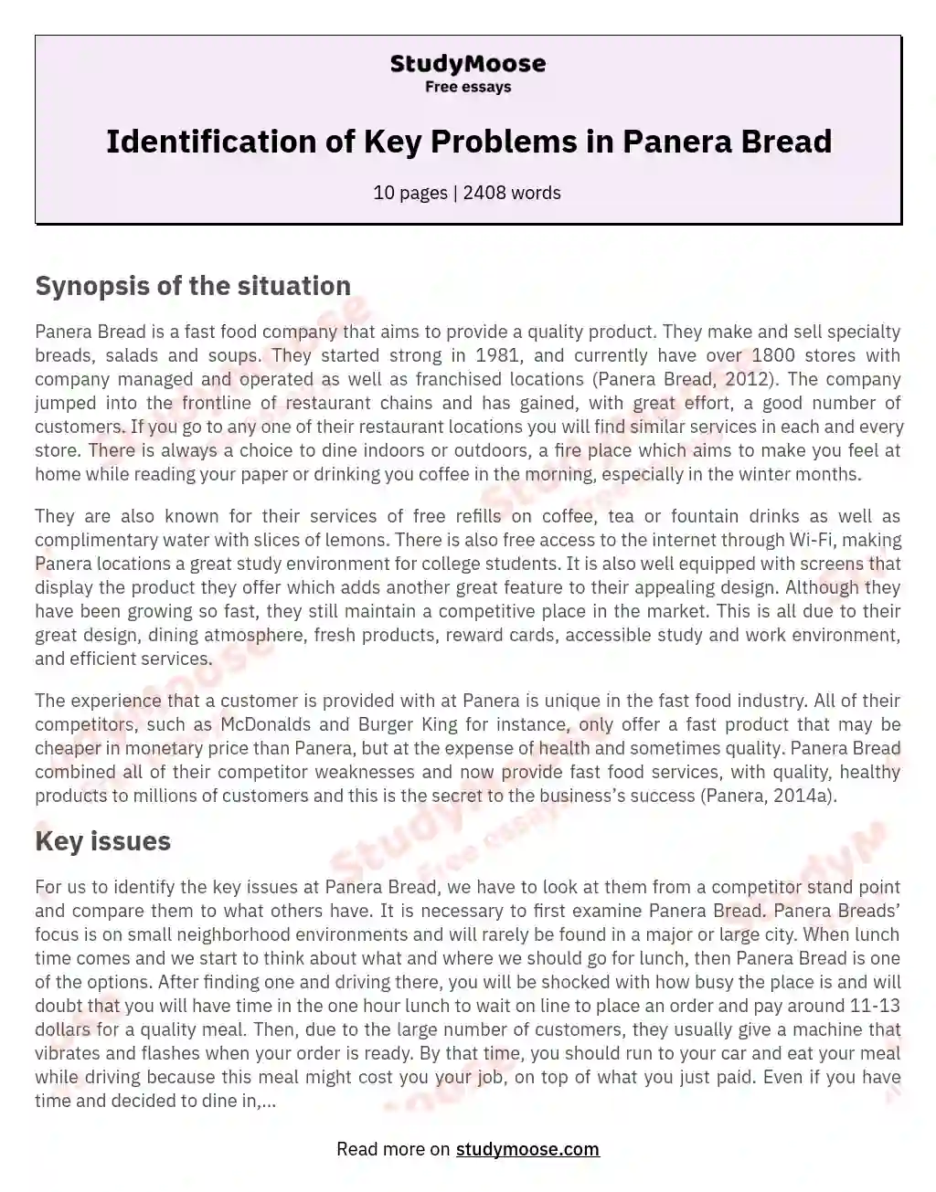 Identification of Key Problems in Panera Bread essay