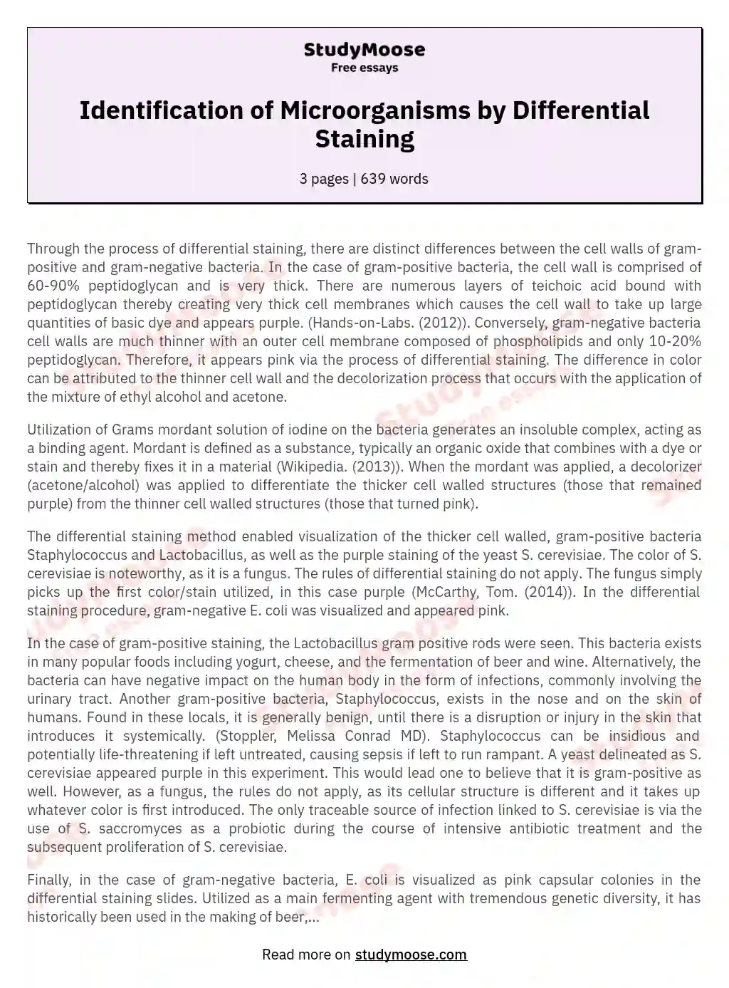 Identification of Microorganisms by Differential Staining essay