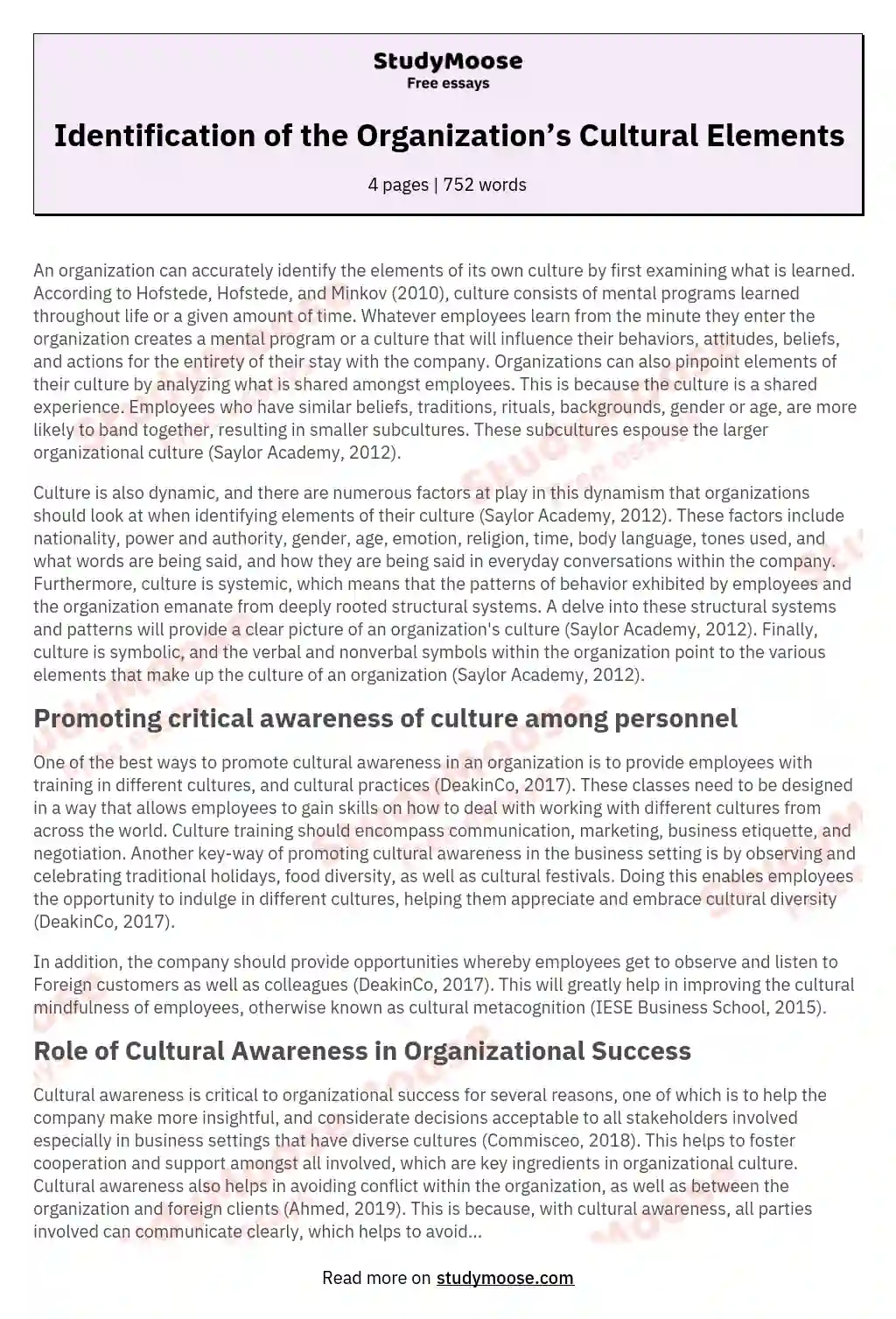 Identification of the Organization’s Cultural Elements essay