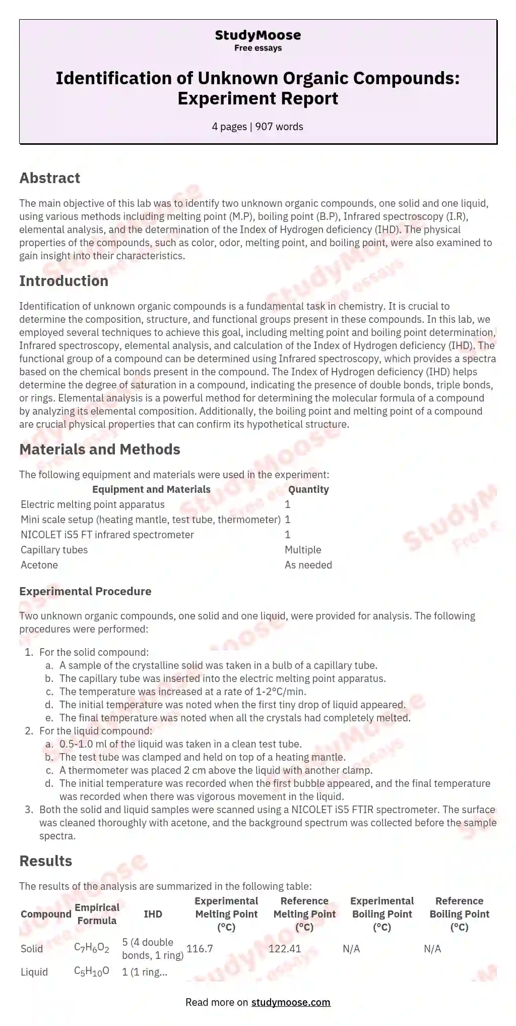 Identification of Unknown Organic Compounds: Experiment Report essay