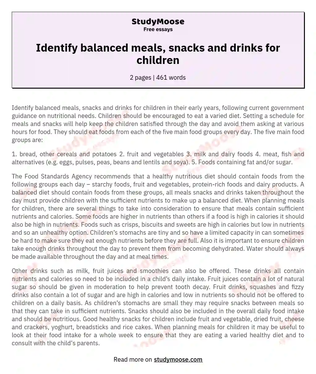 Identify balanced meals, snacks and drinks for children essay