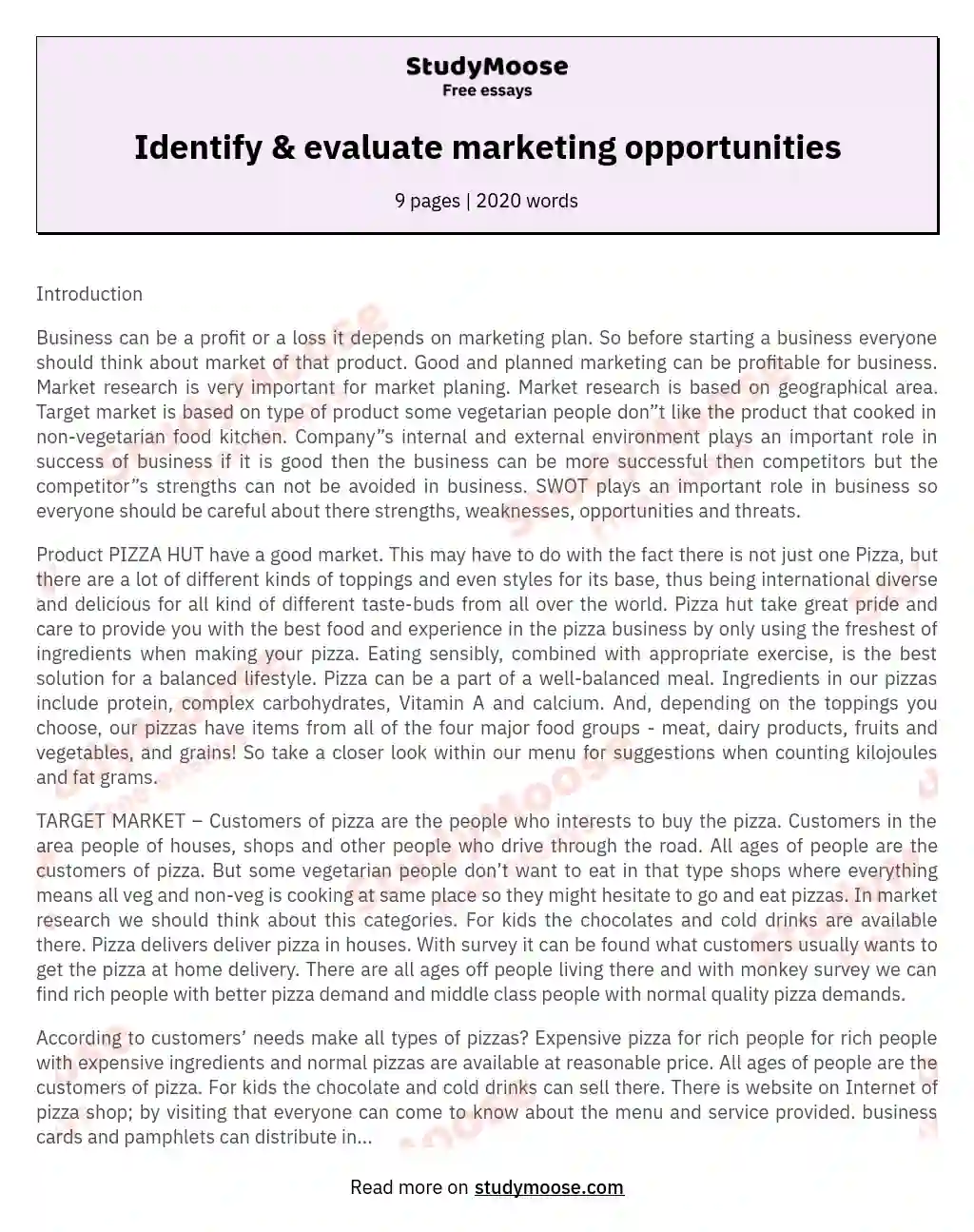 Identify & evaluate marketing opportunities essay