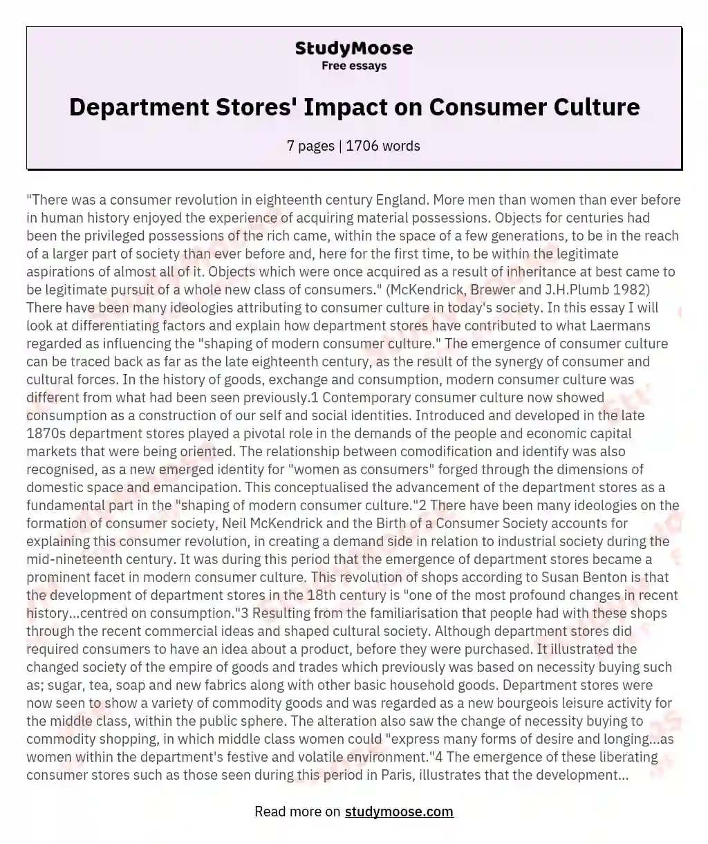 Identify and explain how department stores contributed to the "shaping on modern culture consumer culture