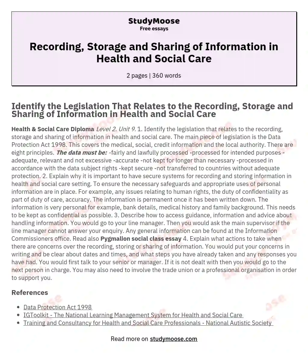 Recording, Storage and Sharing of Information in Health and Social Care essay