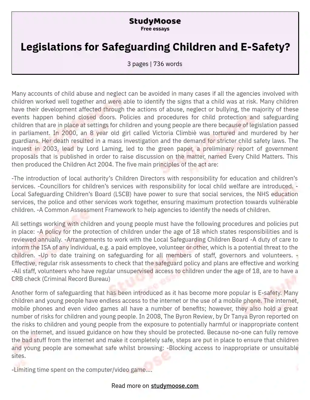 Identify the Current Legislations, Guidelines, Policies and Procedures for Safeguarding the Welfare of Children and Young People Including E-Safety.