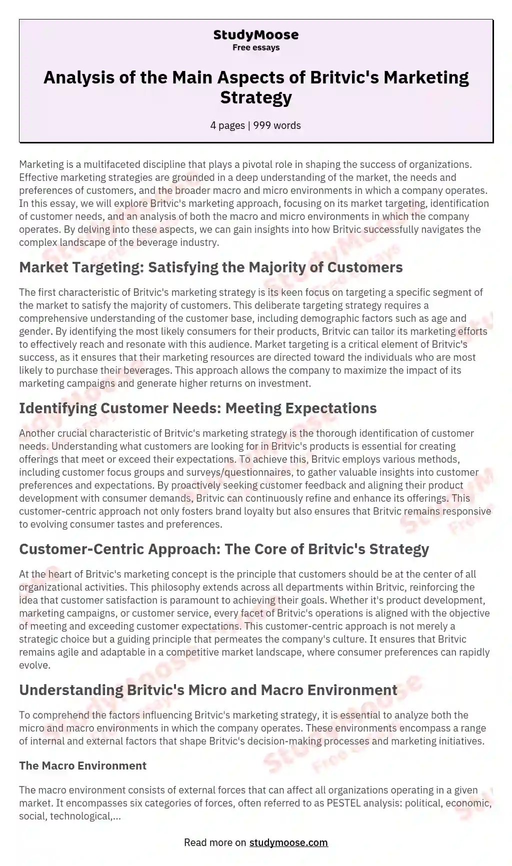 Analysis of the Main Aspects of Britvic's Marketing Strategy essay
