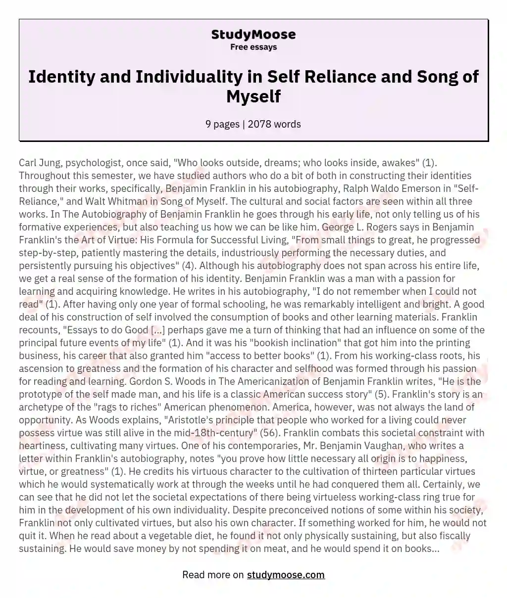 Identity and Individuality in Ralph Waldo's Essay "Self Reliance" and Walt Whitman's "Song of Myself"
