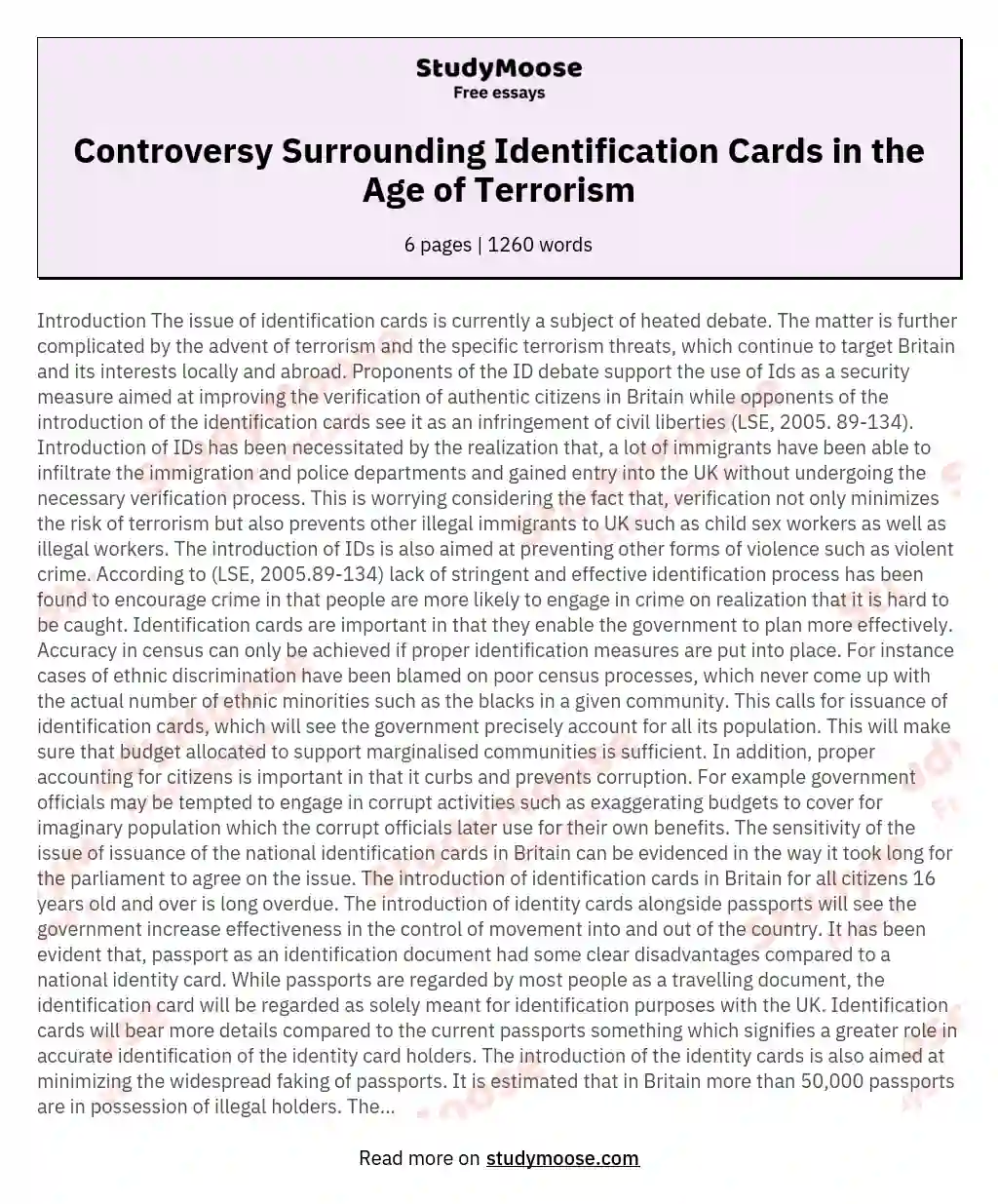 Controversy Surrounding Identification Cards in the Age of Terrorism essay