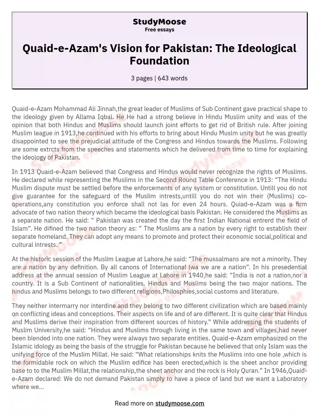 Quaid-e-Azam's Vision for Pakistan: The Ideological Foundation essay