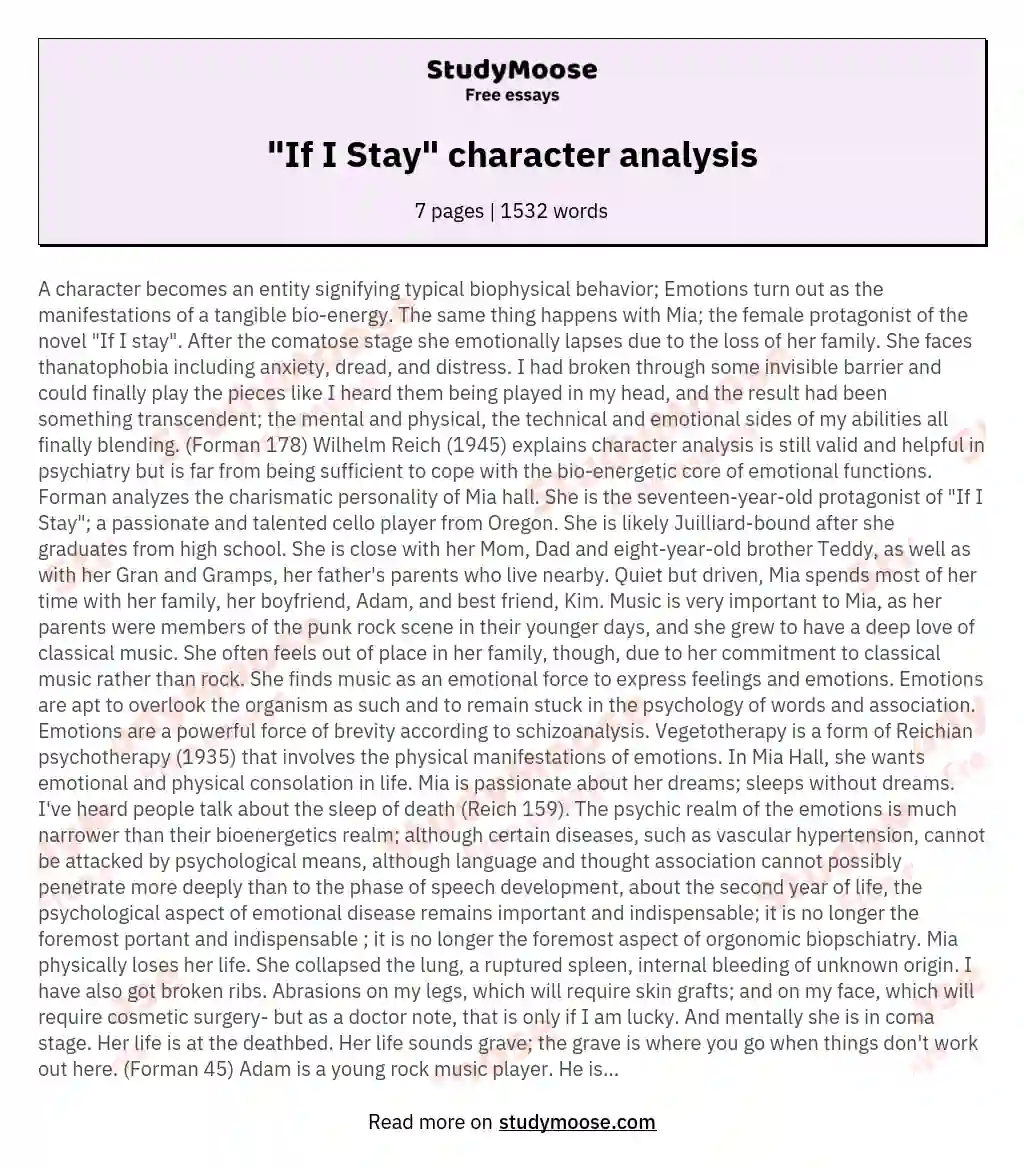 "If I Stay" character analysis essay