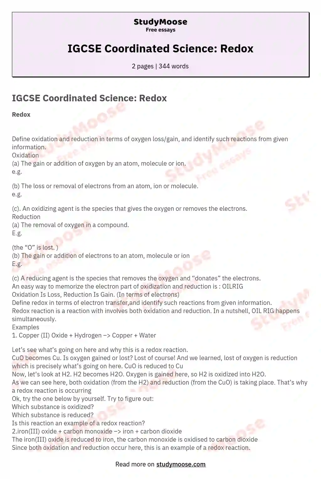 IGCSE Coordinated Science: Redox essay