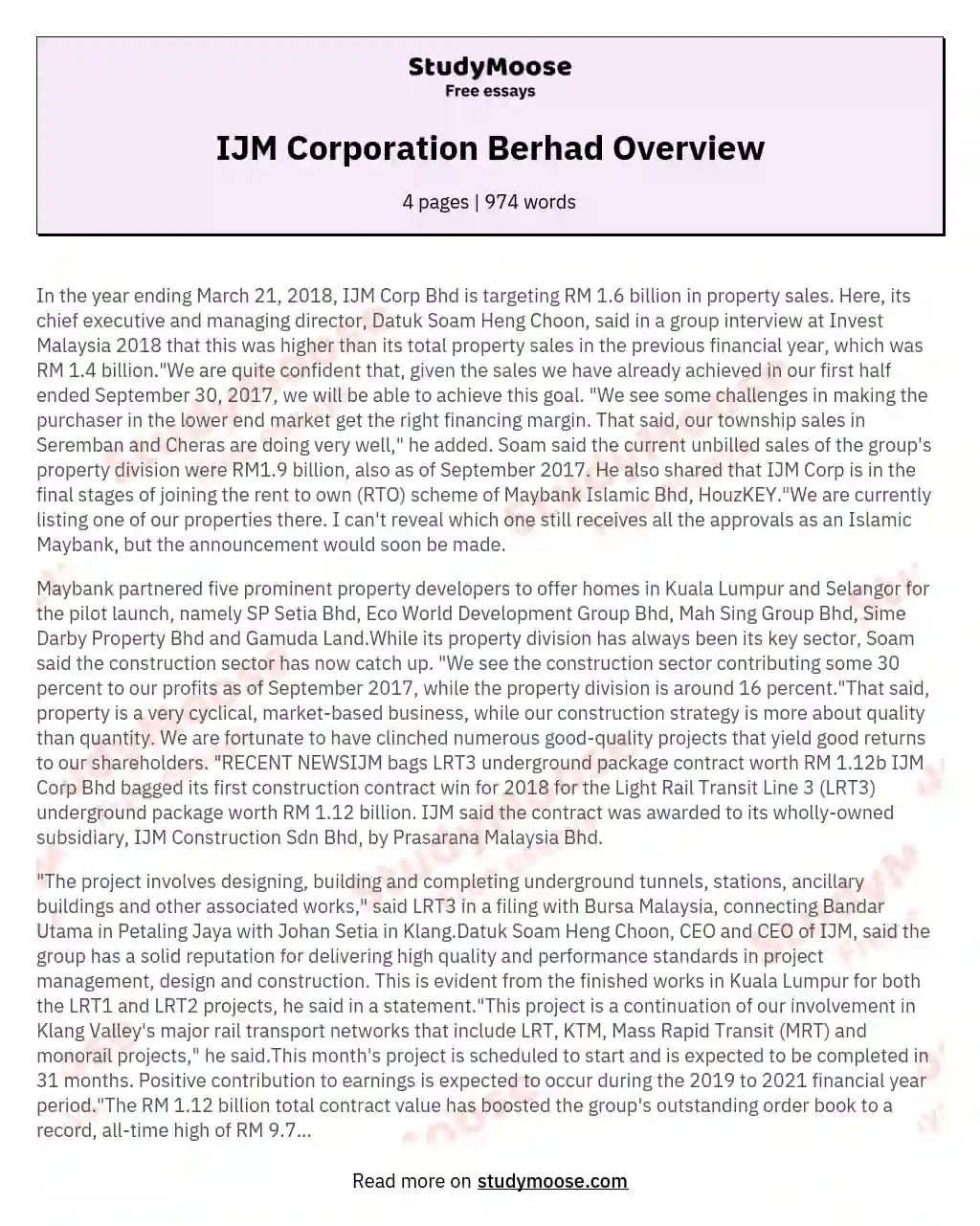 IJM Corporation Berhad Overview essay