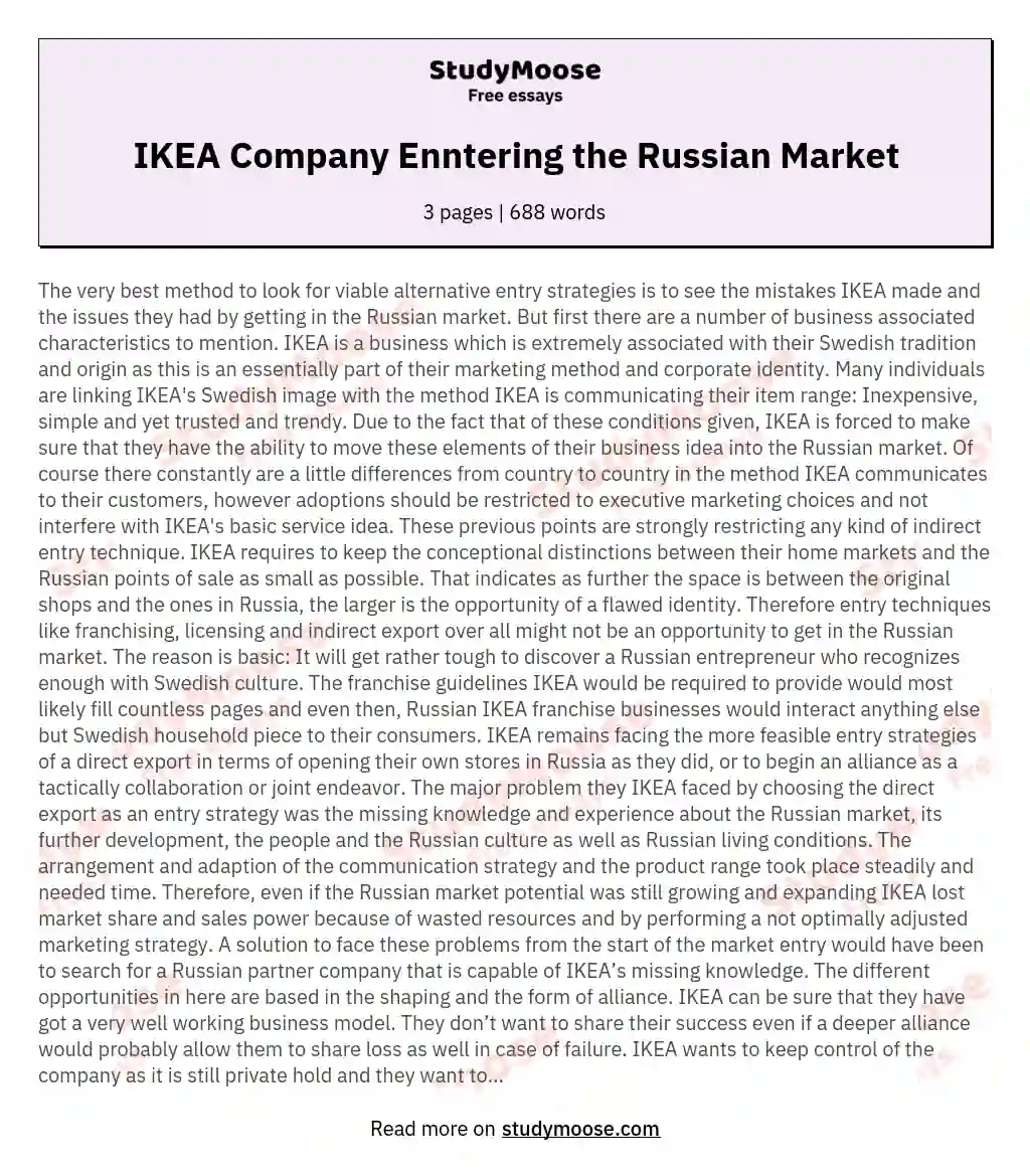 IKEA Company Enntering the Russian Market essay