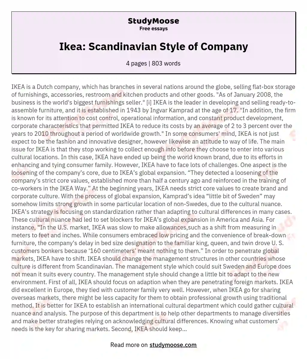 Ikea: Scandinavian Style of Company essay