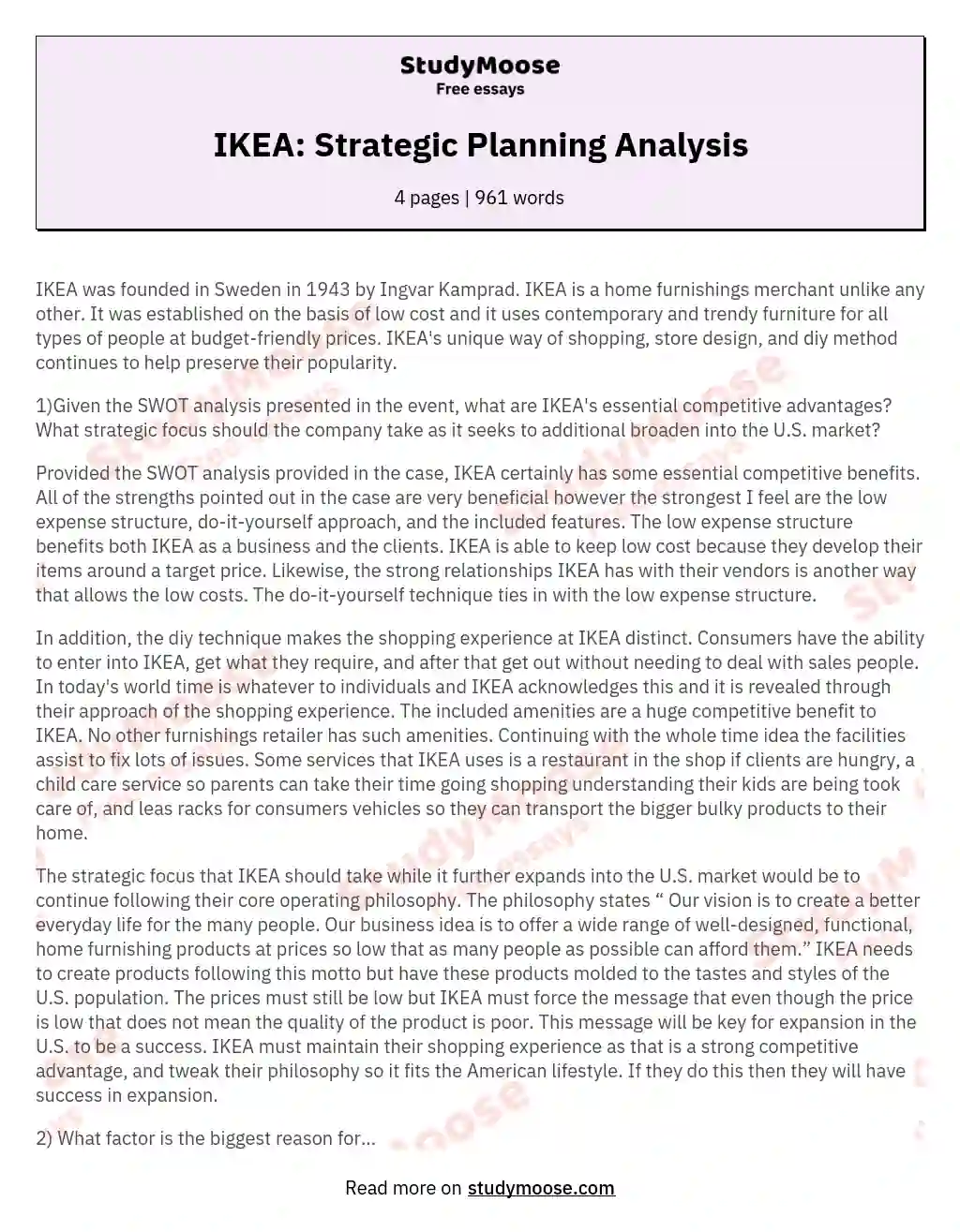IKEA: Strategic Planning Analysis essay