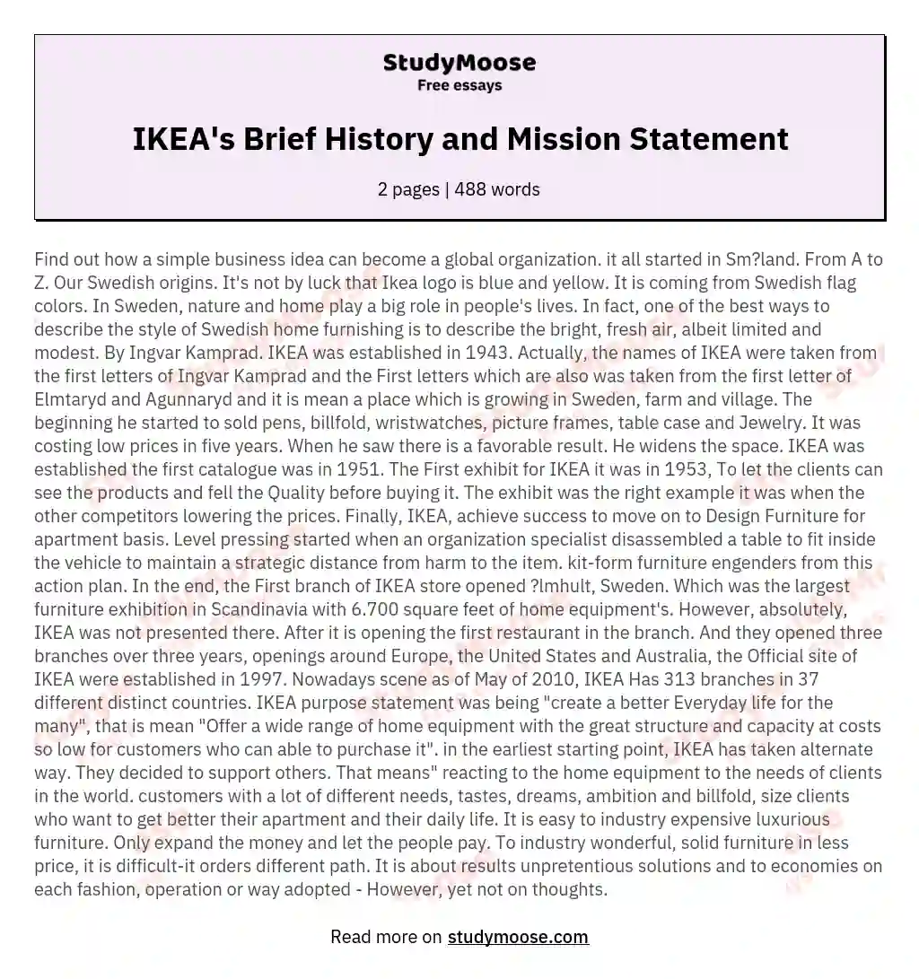 IKEA's Brief History and Mission Statement essay