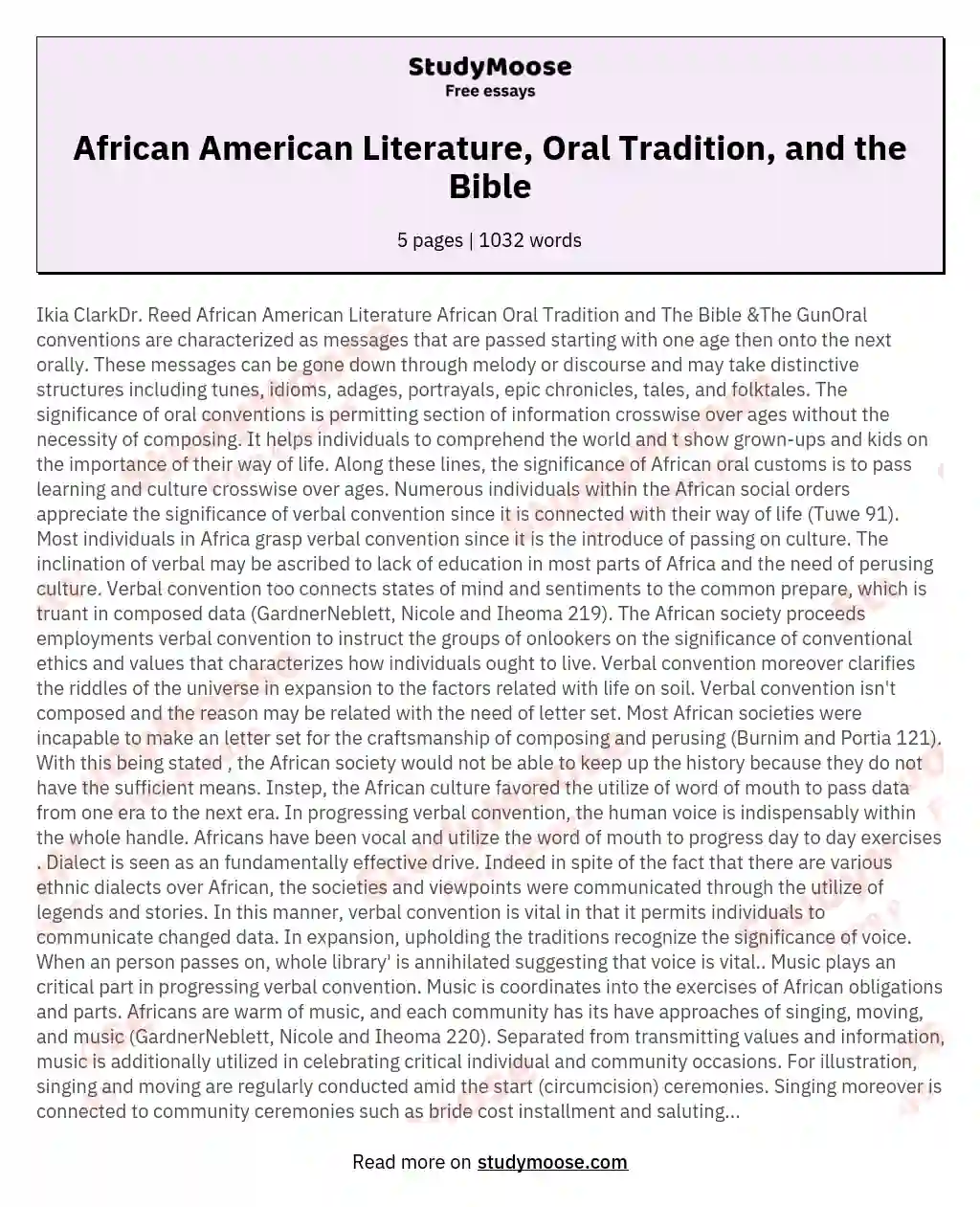 Ikia ClarkDr Reed African American Literature African Oral Tradition and The Bible
