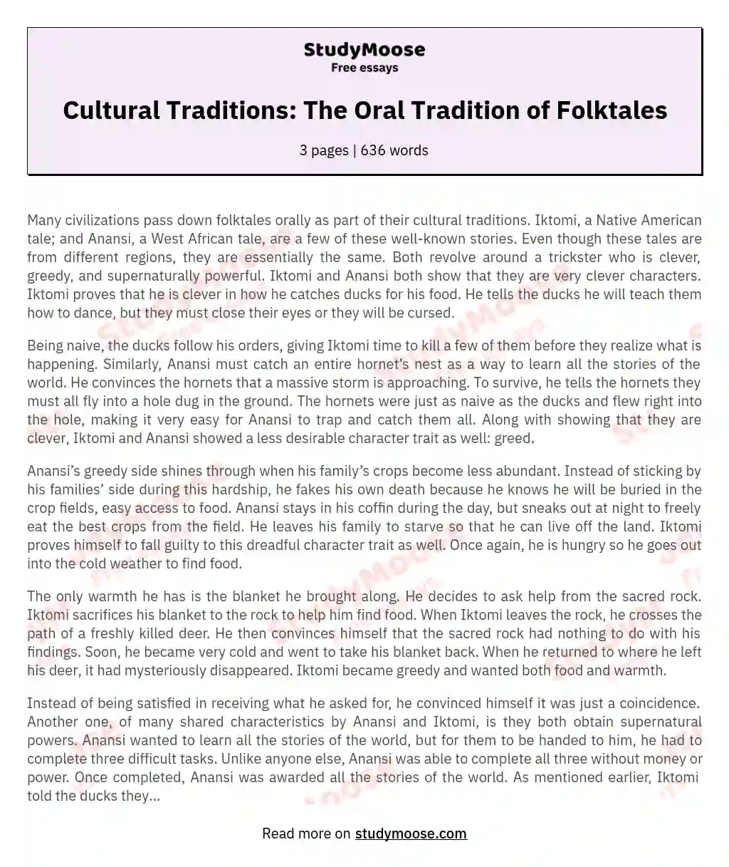 Cultural Traditions: The Oral Tradition of Folktales essay