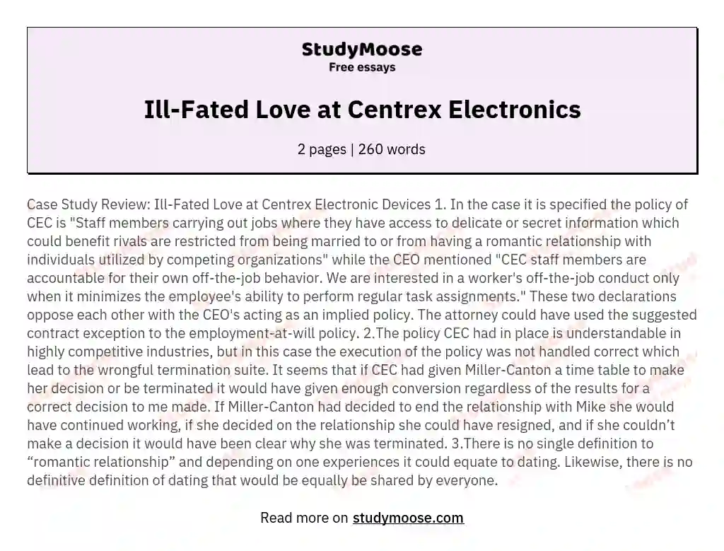 Ill-Fated Love at Centrex Electronics essay