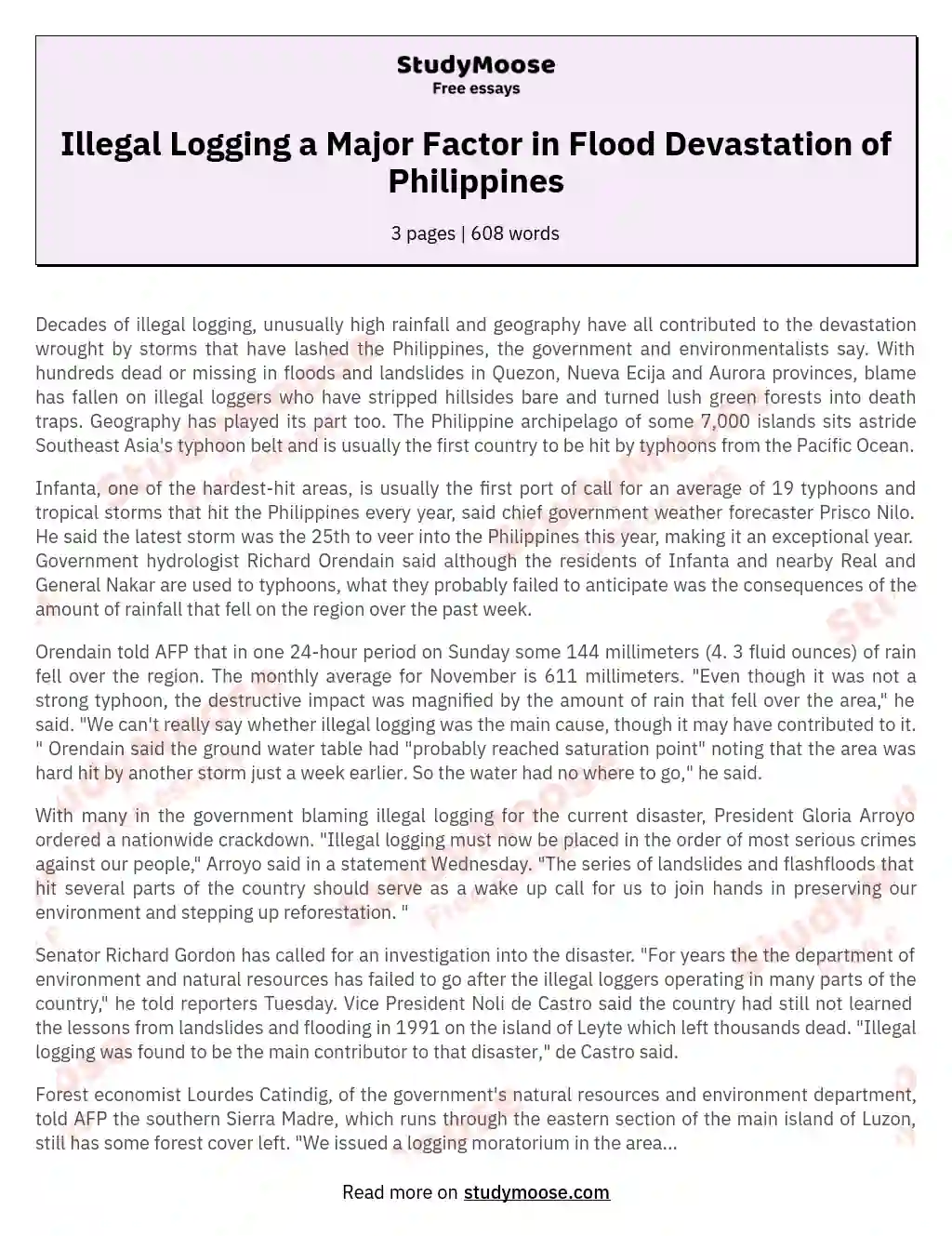 Illegal Logging a Major Factor in Flood Devastation of Philippines essay