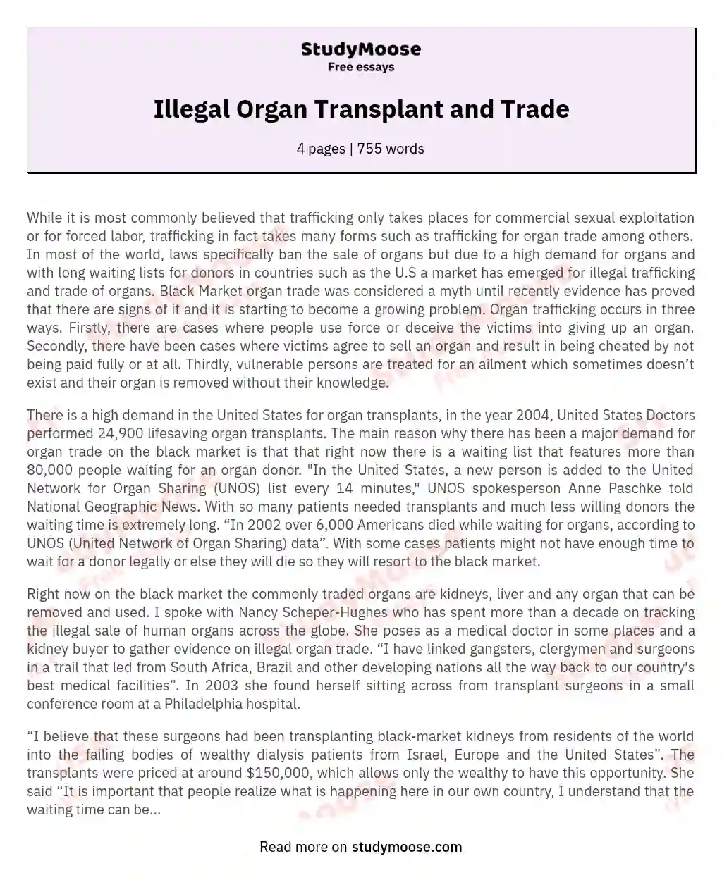 Illegal Organ Transplant and Trade essay
