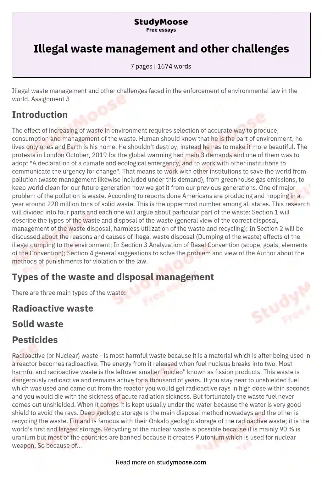 Illegal waste management and other challenges essay