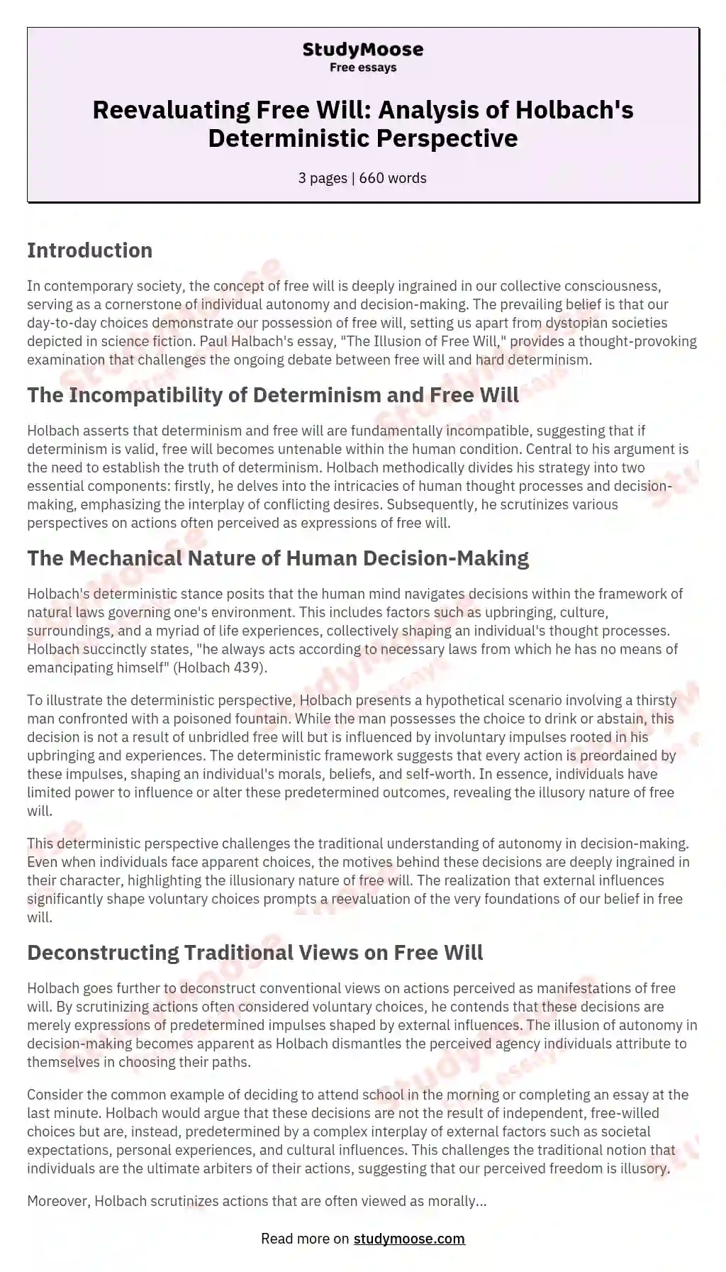 Reevaluating Free Will: Analysis of Holbach's Deterministic Perspective essay