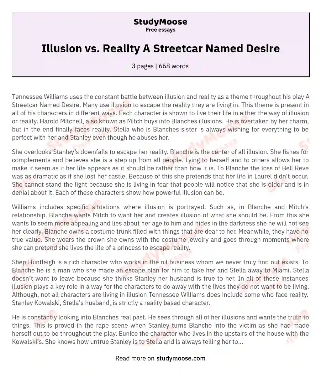 Illusion vs. Reality A Streetcar Named Desire essay