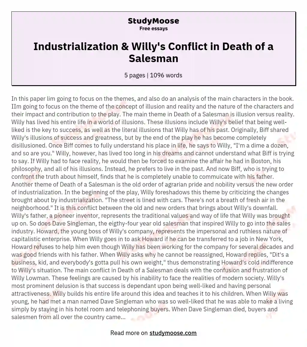 Industrialization & Willy's Conflict in Death of a Salesman essay
