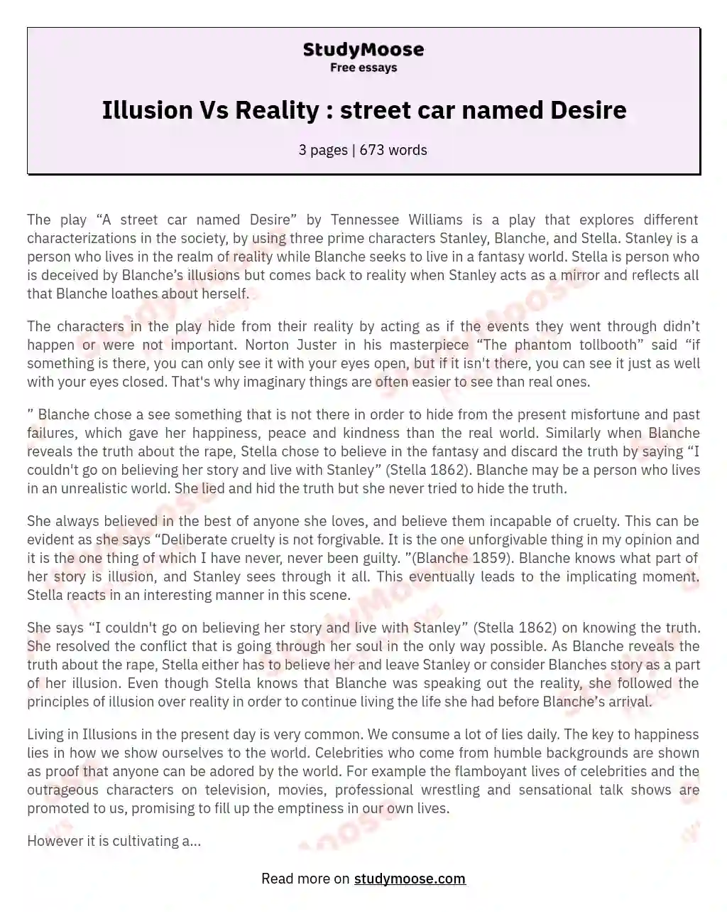 Illusion Vs Reality : street car named Desire
