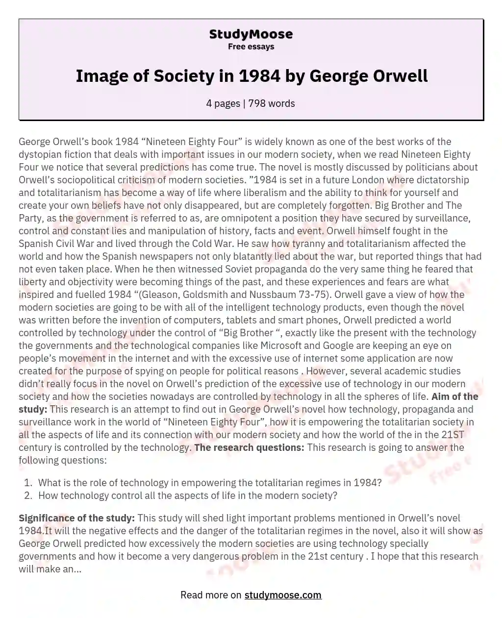 Image of Society in 1984 by George Orwell essay