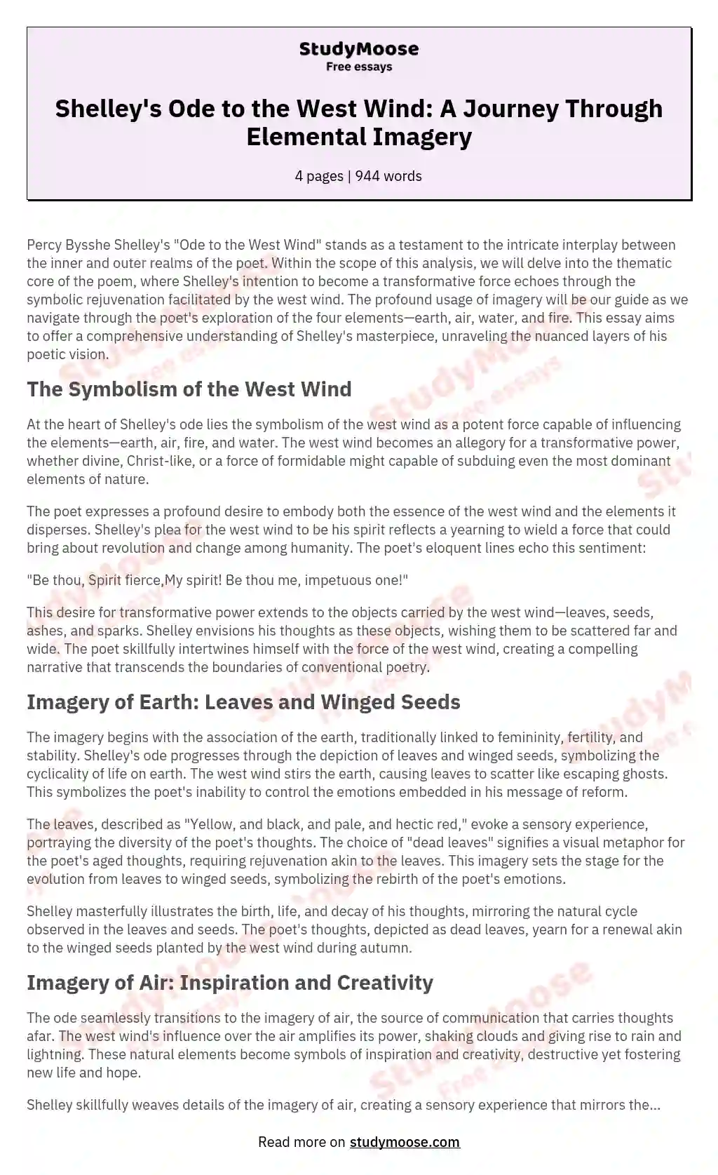 Shelley's Ode to the West Wind: A Journey Through Elemental Imagery essay
