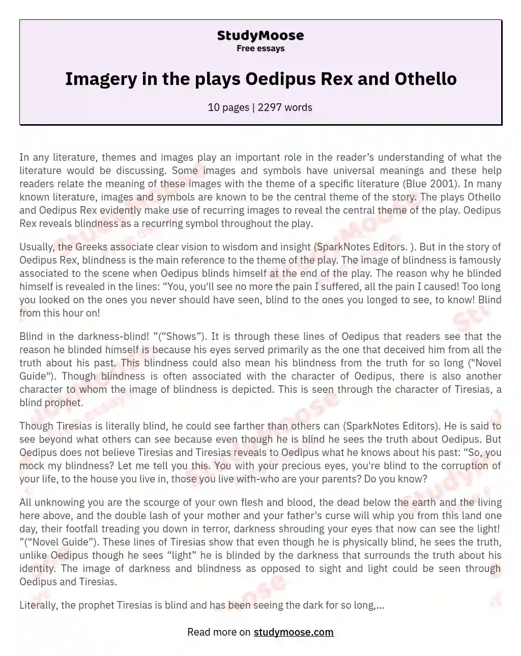 Imagery in the plays Oedipus Rex and Othello