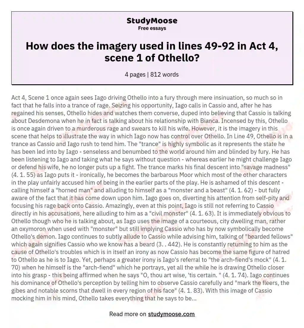 How does the imagery used in lines 49-92 in Act 4, scene 1 of Othello? essay