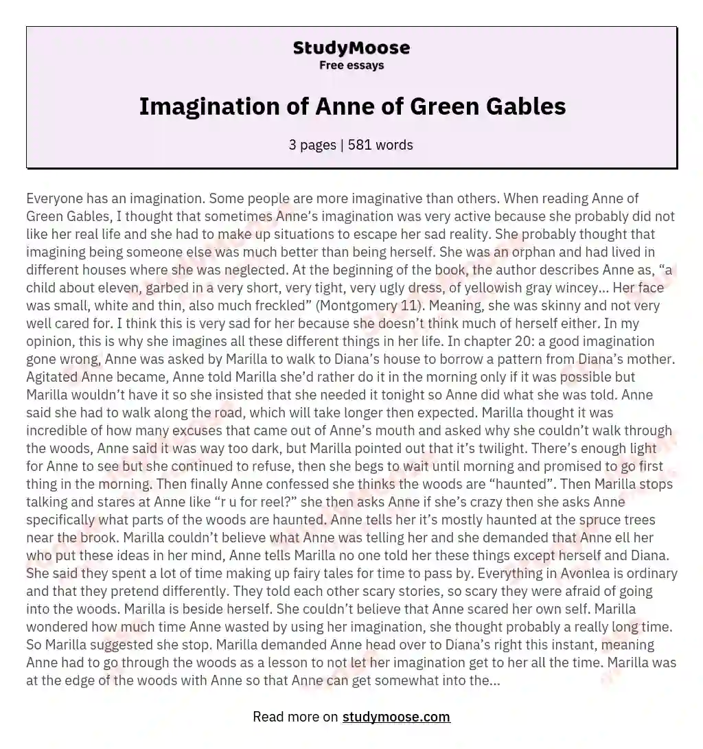 Imagination of Anne of Green Gables essay