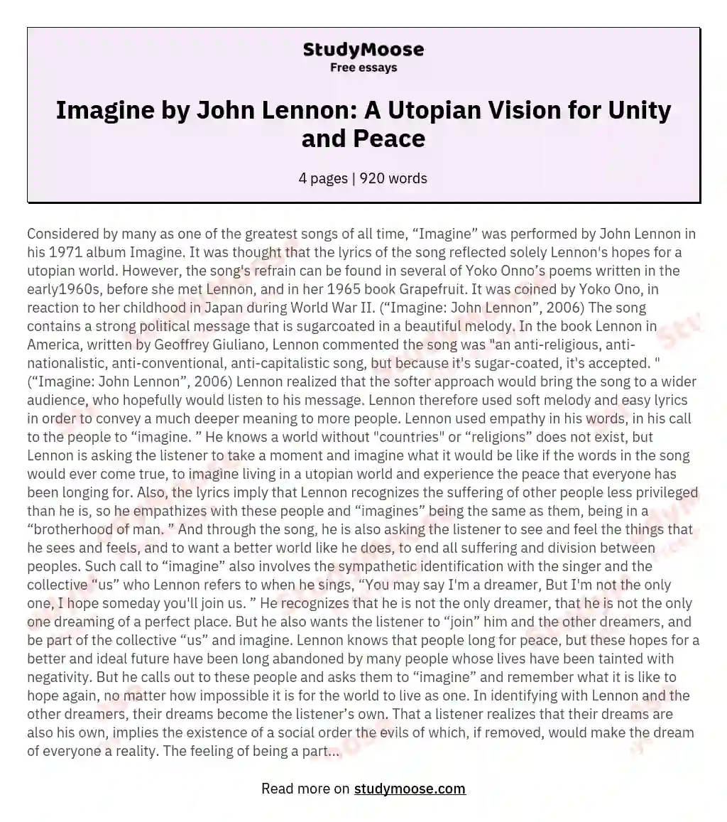 Imagine by John Lennon: A Utopian Vision for Unity and Peace essay