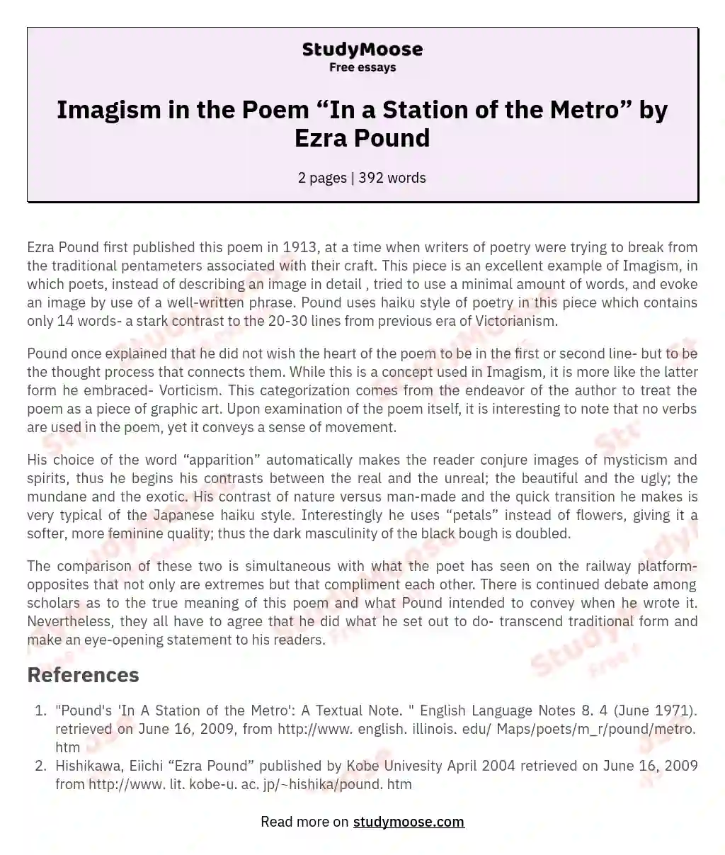Imagism in the Poem “In a Station of the Metro” by Ezra Pound essay