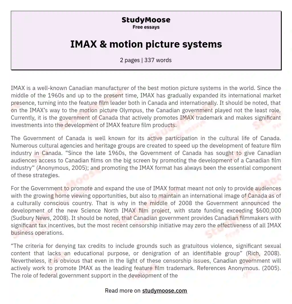 IMAX &amp; motion picture systems essay