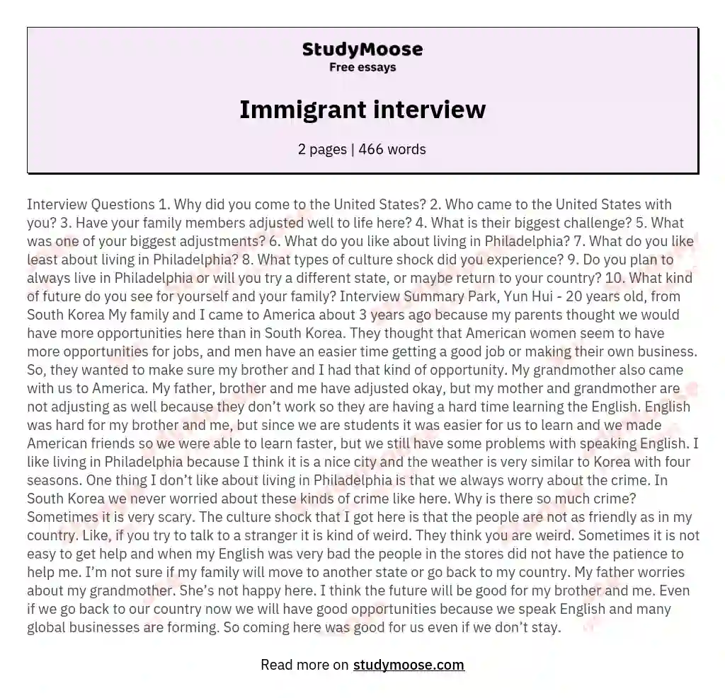 Immigrant interview essay