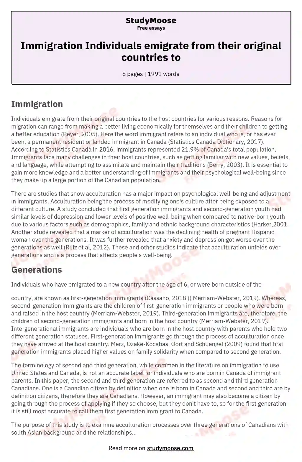 Immigration Individuals emigrate from their original countries to essay