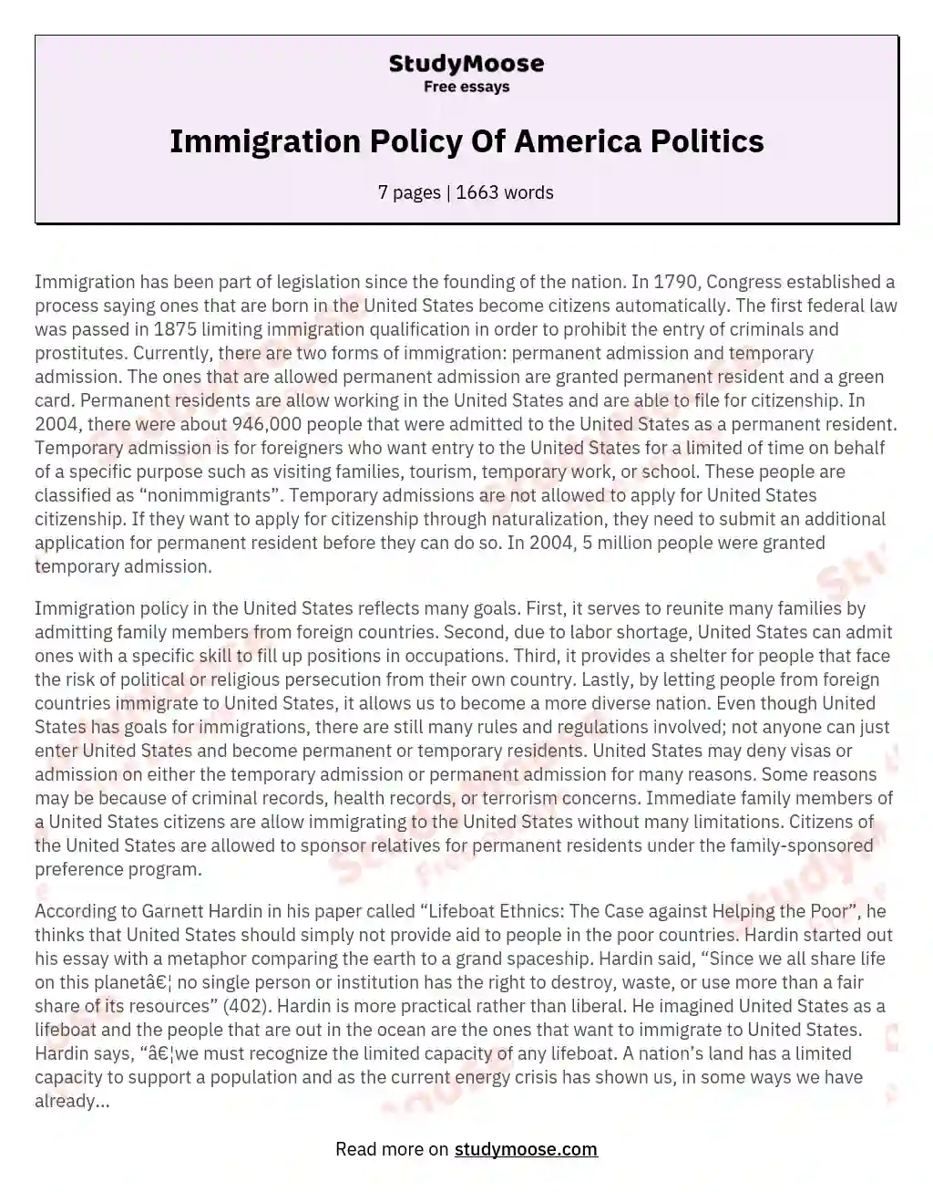 Immigration Policy Of America Politics essay