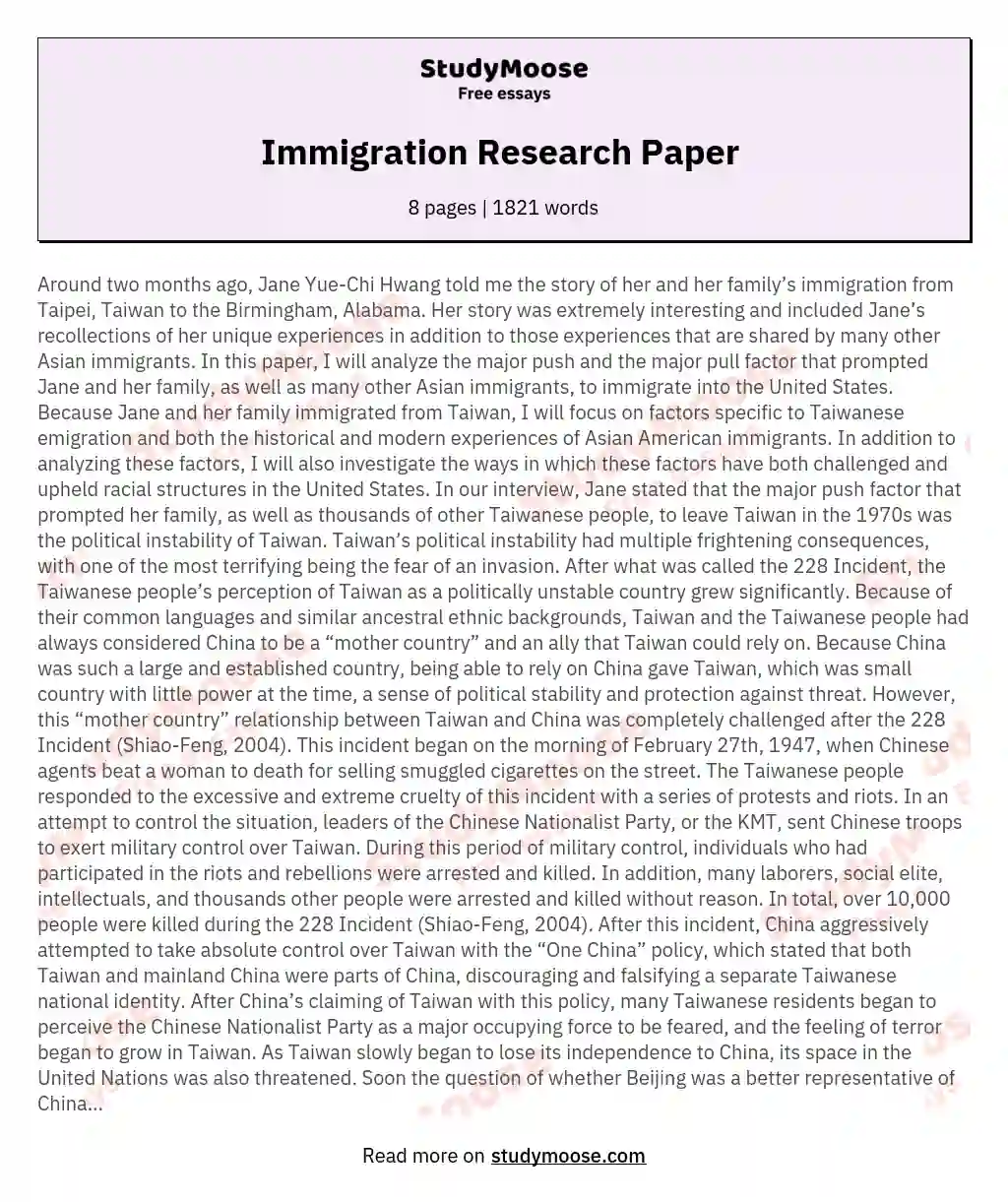 Immigration Research Paper  essay